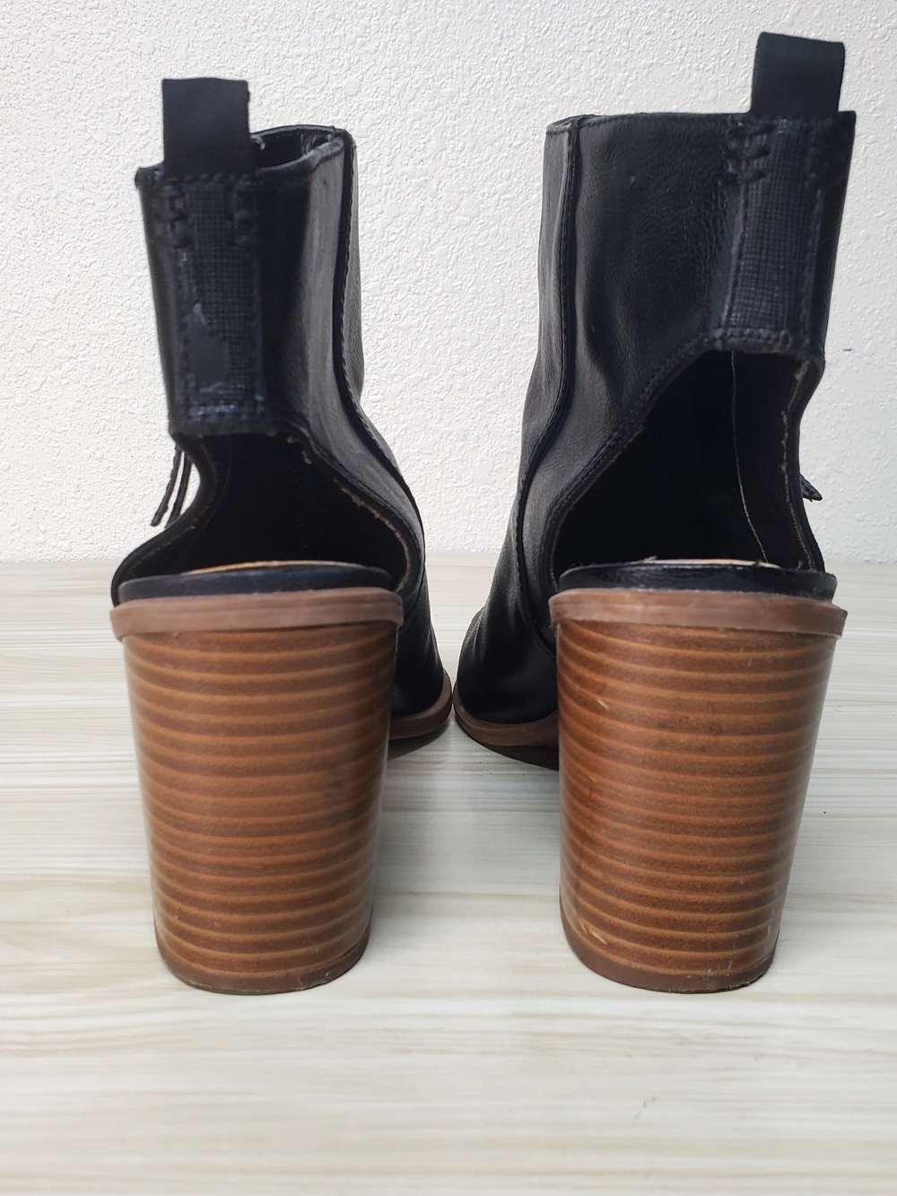 Circus by Sam Edelman Black Leather Peep-Toe Block Heel Ankle Boots - Picture 6 of 14